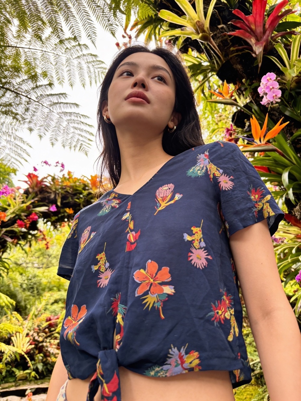 Madewell Navy Floral Tie-Front Crop Top